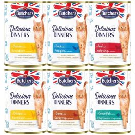 BUTCHER'S Delicious Dinners Mix smaków w galaretce 400g kawałki z kurczakiem, z dziczyzną, z pstrągiem, z rybą morską, z wołowiną