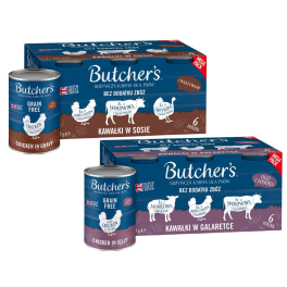 BUTCHER'S Original Recipe Mix smaków 6x400 g w sosie (z wołowiną, z indykiem i z kurczakiem), 6x400 g w galaretce (z wołowiną, z jagnięciną i z kurczakiem)