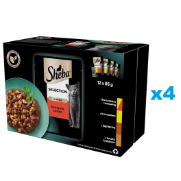 SHEBA Selection Soczyste Smaki saszetki 48x85 g mokra karma pełnoporcjowa dla dorosłych kotów w sosie kawałki z kurczakiem i wołowiną, kurczakiem, jagnięciną, kaczką i indykiem