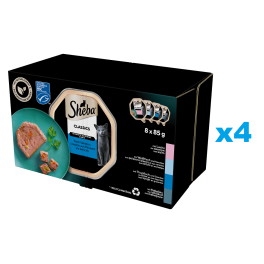 SHEBA Classics Rybne Smaki tacki 32x85 g mokra karma pełnoporcjowa dla dorosłych kotów w terynie z łososiem, białą rybą i marchewką, tuńczykiem i warzywami, dorszem