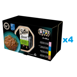 SHEBA Sauce Collection Wybór Smaków tacki 4x8x85 g mokra karma pełnoporcjowa dla dorosłych kotów w sosie kawałki z łososiem, tuńczykiem, kurczakiem, kaczką