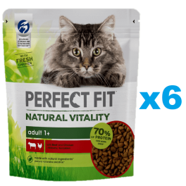 PERFECT FIT Natural Vitality 1+ sucha karma pełnoporcjowa dla dorosłych kotów z wołowiną i kurczakiem 6x650 g