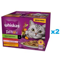 WHISKAS Adult Tasty Mix Wybór Szefa Kuchni w sosie 48x85 g kawałki z wołowiną, łososiem, kurczakiem i indykiem, kurczakiem i dorszem dla dorosłych kotów