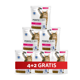 PERFECT FIT Adult 1+ 6 x 750 g sucha karma pełnoporcjowa dla dorosłych kotów bogata w świeżego łososia 4+2 GRATIS