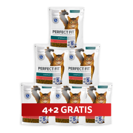 PERFECT FIT Sterile 1+ 6 x 750 g sucha karma pełnoporcjowa dla dorosłych kotów bogata w wołowinę 4+2 GRATIS