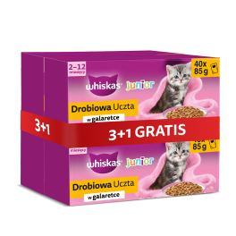 WHISKAS Junior Drobiowa Uczta 4 x 40x85g mokra karma z kurczakiem, kaczką, drobiem i indykiem w galaretce dla kociąt 3+1 GRATIS