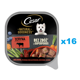 CESAR Natural Goodness Mus tacka 16x100 g mokra karma pełnoporcjowa dla dorosłych psów z wołowiną, przybraną fasolką szparagową, marchewką i jagodami