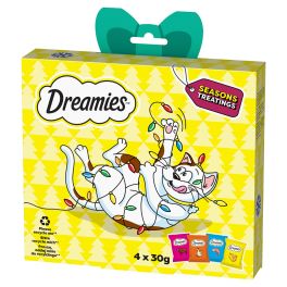 DREAMIES Zestaw prezentowy dla kota 120g karma uzupełniająca z wołowiną, z kurczakiem, z serem i o smaku łososia dla dorosłych kotów i kociąt powyżej 8 tyg.