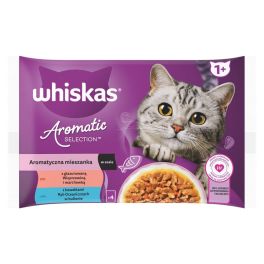 WHISKAS Adult Aromatyczna Mieszanka saszetki 4x85 g mokra karma pełnoporcjowa dla dorosłych kotów, w sosie kawałki z glazurowaną wieprzowiną i marchewką, z kawałkami ryb oceanicznych w bulionie