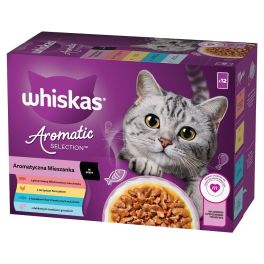 WHISKAS Adult Aromatyczna Mieszanka saszetki 12x85 g mokra karma pełnoporcjowa dla dorosłych kotów, w sosie kawałki z: glazurowaną wieprzowiną i marchewką, soczystym kurczakiem, z kawałkami ryb oceanicznych w bulionie, delikatnym łososiem i groszkiem