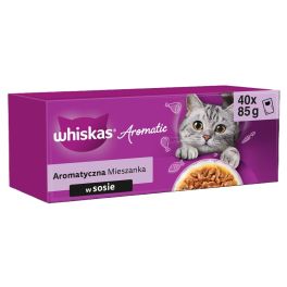 WHISKAS Adult Aromatyczna Mieszanka saszetki 40x85 g mokra karma pełnoporcjowa dla dorosłych kotów w sosie kawałki z glazurowaną wieprzowiną i marchewką, soczystym kurczakiem, z kawałkami ryb oceanicznych w bulionie, delikatnym łososiem i groszkiem
