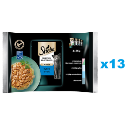 SHEBA Selection Select Slices Rybne Smaki 52x85g mokra karma pełnoporcjowa dla kotów w sosie kawałki z łososiem i dorszem czarnym, białą rybą, rybą oceaniczną, dorszem