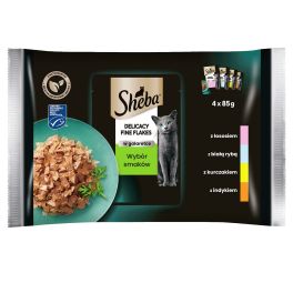SHEBA Delicacy Fine Flakes Wybór Smaków saszetki 4x85 g mokra karma pełnoporcjowa dla dorosłych kotów w galaretce kawałki z: łososiem, białą rybą, kurczakiem, indykiem