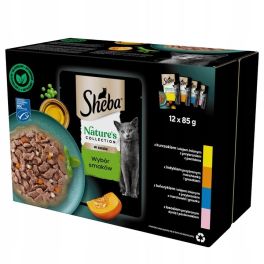 SHEBA Nature’s Collection Wybór Smaków 12x85 g mokra karma pełnoporcjowa dla dorosłych kotów w sosie kawałki z: kurczakiem, indykiem, tuńczykiem, łososiem