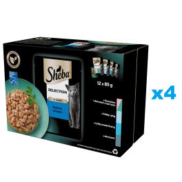 SHEBA Selection Rybne Smaki saszetki 48x85 g mokra karma pełnoporcjowa dla dorosłych kotów w sosie kawałki z łososiem i dorszem czarnym, białą rybą, rybą oceaniczną, dorszem