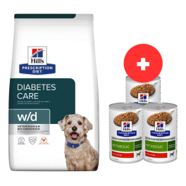 HILL'S Prescription Diet w/d Diabetes Care Chicken Adult 10 kg dla psów ze skłonnością do nawagi / po kastracji + 3 x 370g karmy dla psów GRATIS
