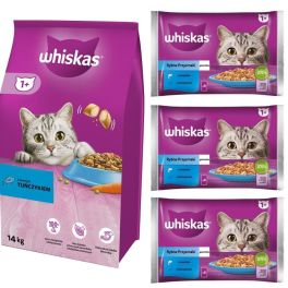WHISKAS Adult 14kg sucha karma z tuńczykiem i warzywami + WHISKAS Adult 12x85g Rybne Przysmaki w galaretce z: łososiem, tuńczykiem