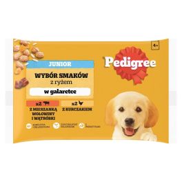 PEDIGREE Junior Wybór Smaków z ryżem saszetki 4x100 g mokra karma pełnoporcjowa dla szczeniąt, kawałki z mieszanką wołowiny i wątróbki i ryżem, z kurczakiem i ryżem, w galaretce