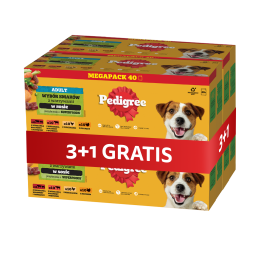 PEDIGREE Adult Wybór Smaków z warzywami saszetki 4 x 40x100 g mokra karma pełnoporcjowa dla dorosłych psów, z mieszanką wołowiny i jagnięciny, z mieszanką wołowiny i wątróbki, z kurczakiem, z indykiem, w sosie 3+1 GRATIS