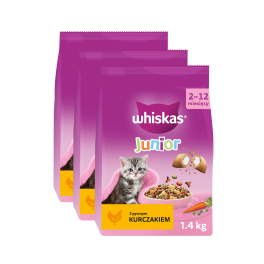 WHISKAS Junior 3x1,4 kg  sucha karma pełnoporcjowa dla kociąt  z pysznym kurczakiem