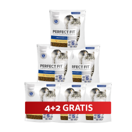 PERFECT FIT Indoor 1+ 6 x 750 g sucha karma pełnoporcjowa dla dorosłych kotów bogata w kurczaka 4+2 GRATIS