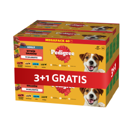 PEDIGREE Adult Wybór Smaków saszetki 4 x 40x100 g mokra karma pełnoporcjowa dla dorosłych psów, z mieszanką wołowiny i wątróbki, z kurczakiem, z rybą, z drobiem, w galaretce 3+1 GRATIS