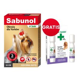 DR SEIDEL Sabunol GPI Obroża przeciw pchłom i kleszczom dla Yorków i psów ras małych 35 cm ozdobna złota + DR SEIDEL Taste and Play Roll-on 15 ml GRATIS