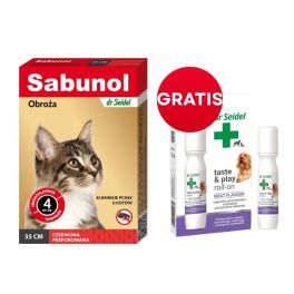 DR SEIDEL Sabunol Obroża przeciw pchłom dla psów 35 cm czerwona + DR SEIDEL Taste and Play Roll-on 15 ml GRATIS