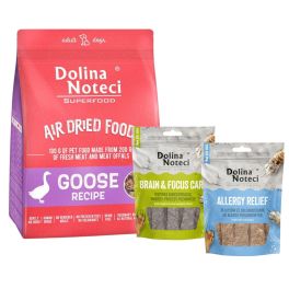 DOLINA NOTECI Superfood Danie z gęsi karma suszona 1 kg + Smart Chews Allergy Relief i Brain & Focus Care 2x100 g przysmaki dla psów