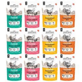 WIEJSKA ZAGRODA Fileciki Mix smaków Kurczak z tuńczykiem, Kurczak z jagnięciną, Indyk i Kurczak 12x85 g mokra karma dla kota