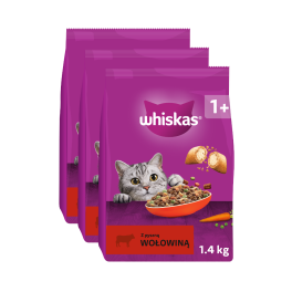 WHISKAS Adult 3x1,4 kg  sucha karma pełnoporcjowa dla dorosłych kotów z pyszną wołowiną