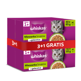 WHISKAS Adult 4 x 40x85g Smaki Rybne i Tradycyjne mokra karma dla kota w galaretce (z kurczakiem, z łososiem, z wołowiną, z tuńczykiem) 3+1 GRATIS