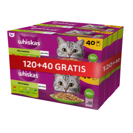 WHISKAS Adult 120x85g Smaki Rybne i Tradycyjne mokra karma dla kota w galaretce (z kurczakiem, z łososiem, z wołowiną, z tuńczykiem) + 40 saszetek GRATIS