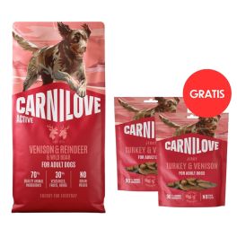 CARNILOVE Active Dog Venision and Reindeer Adult 12 kg dziczyzna, renifer i dzik dla psów + CARNILOVE Dog Jerky Turkey with Venision 2x100g GRATIS