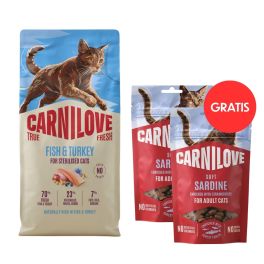CARNILOVE True Fresh Cat Fish and Turkey Sterilised 6 kg dla kotów po sterylizacji + CARNILOVE Soft Snack Cat Sardine 2x50 g GRATIS