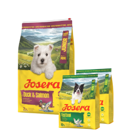 JOSERA Duck and Salmon Junior Mini 10 kg dla prawidłowego rozwoju szczeniąt małych ras + 2x900g karmy GRATIS