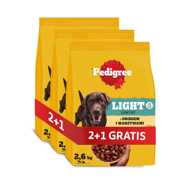 PEDIGREE Adult Light z drobiem i warzywami 3 x 2,6 kg niskokaloryczna sucha karma dla psów 2+1 GRATIS