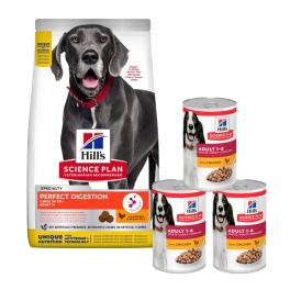HILL'S Science Plan Canine Adult Large Perfect Digestion Chicken and Brown Rice 14kg karma na zdrowe trawienie dla dużych psów + 3 puszki GRATIS