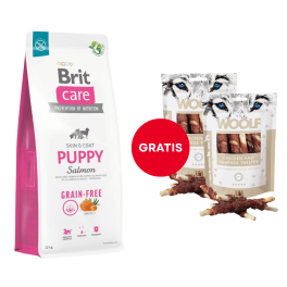 BRIT Care Grain-free Puppy karma sucha z łososiem 12 kg + WOOLF Chicken And Rawhide Twister 2 x 100g suszona skóra owinięta kurczakiem GRATIS
