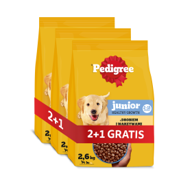 PEDIGREE Junior 3x2,6 kg z drobiem i warzywami sucha karma pełnoporcjowa dla dorastających psów dużych i średnich ras