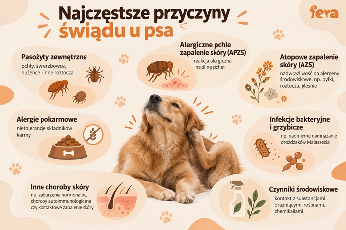 Infografika przedstawia najczęstsze przyczyny świądu u psa, m.in. pasożyty, alergie, infekcje oraz choroby sk&oacute;ry.