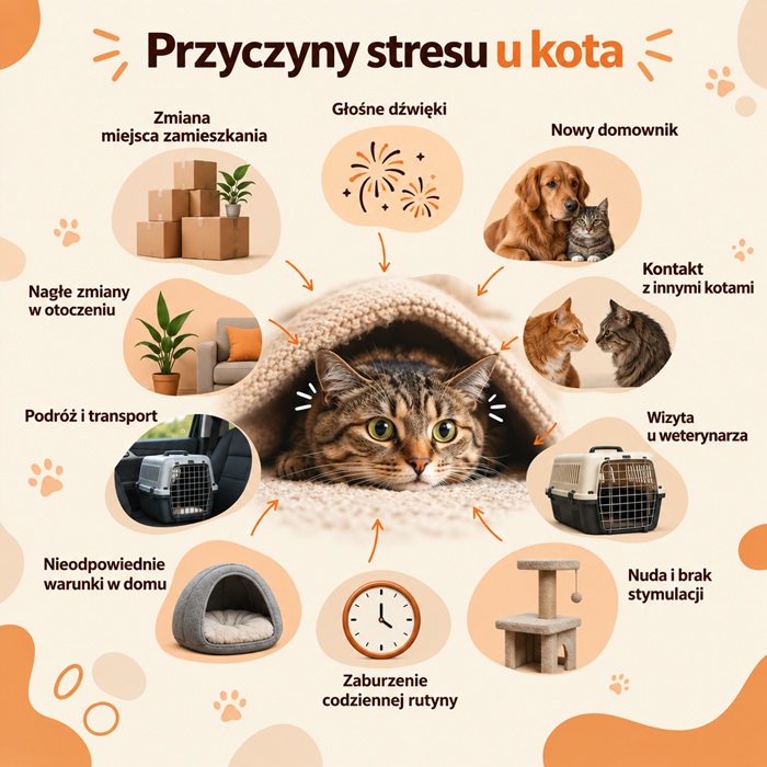 Co przyczynia się do występowania stresu u kota? Infografika przedstawia możliwe przyczyny wystąpienia stresu u kota domowego