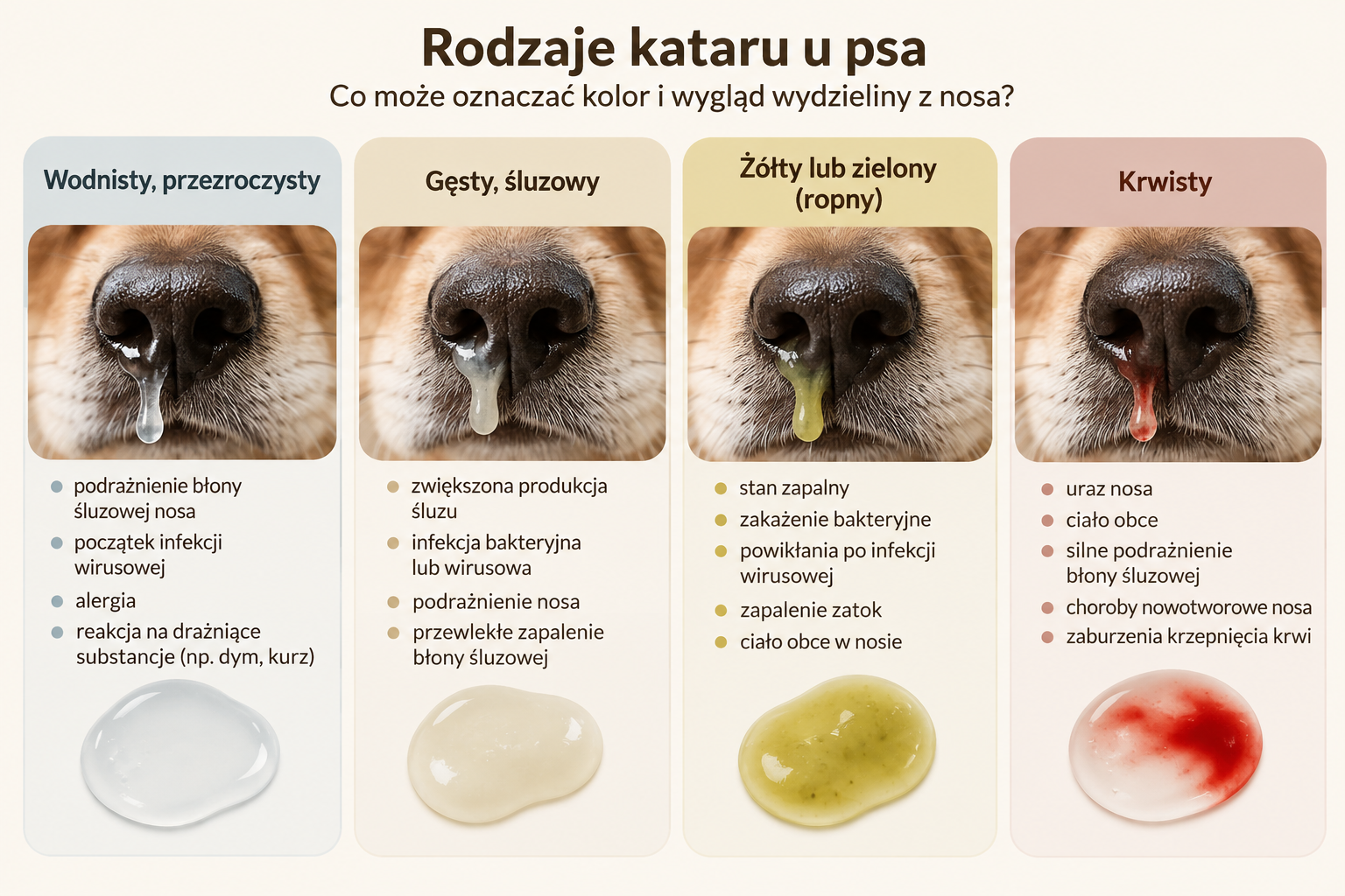 Rodzaje kataru u psa: co oznacza poszczególny wygląd wydzieliny? Infografika przedstawia rodzaje kataru u psa, wygląd wydzielin oraz czego mogą być objawem